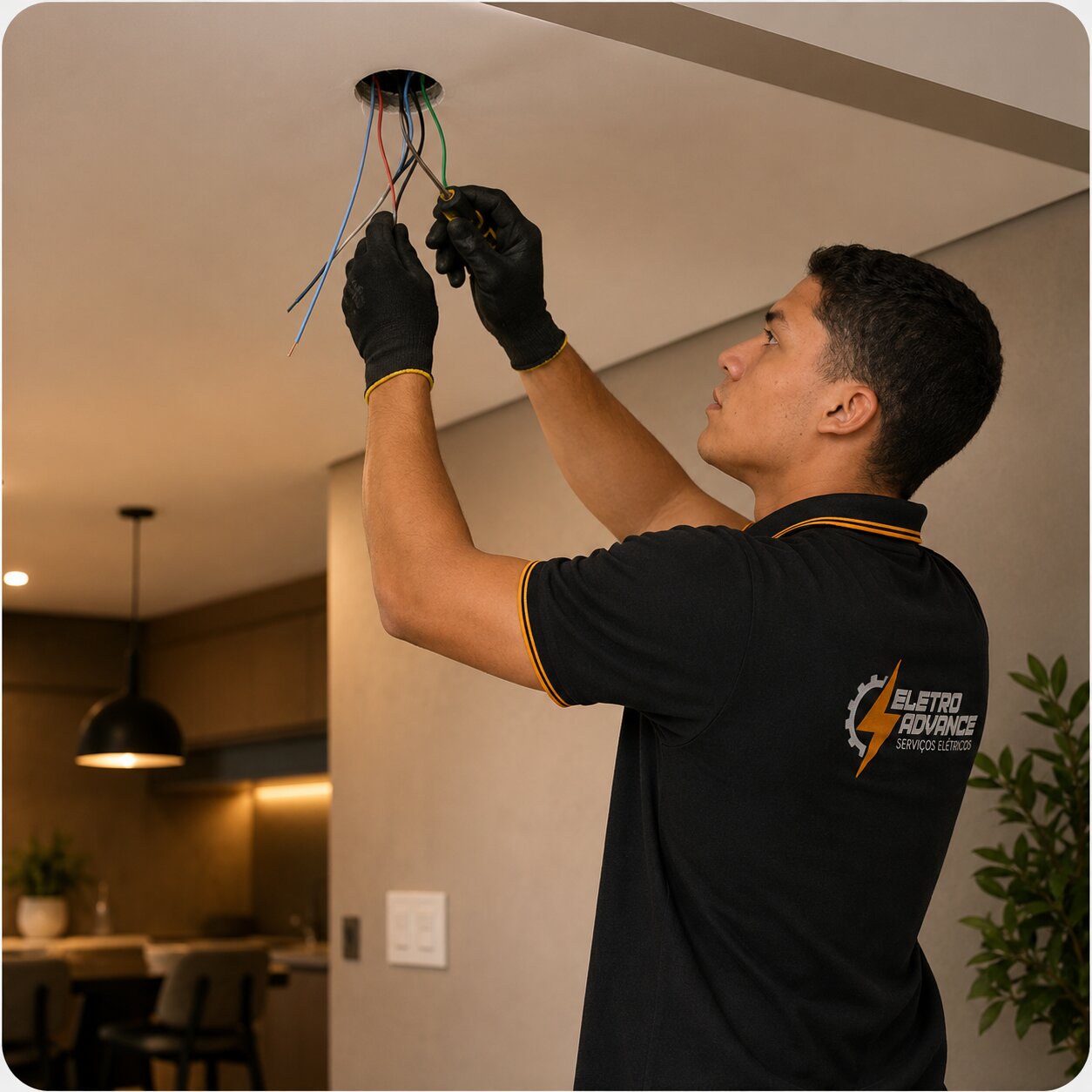 Eletricista EletroAdvance realizando instalação com segurança em ambiente residencial